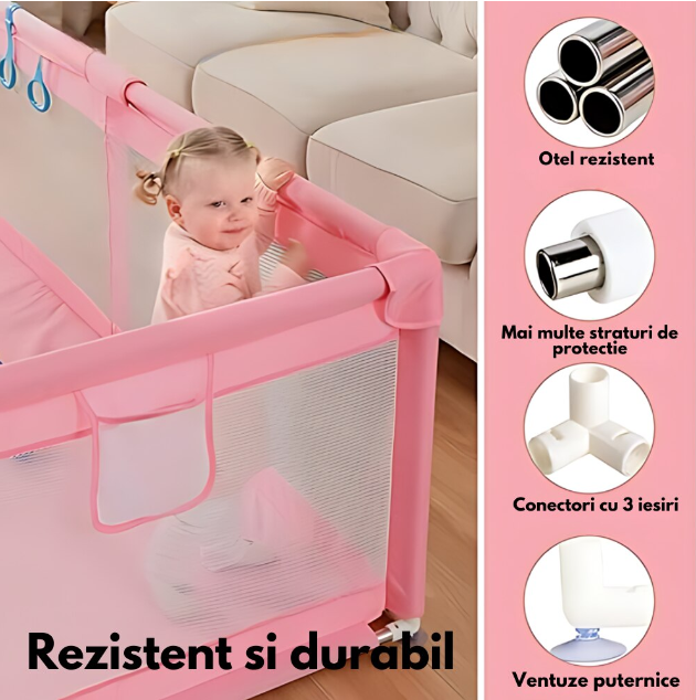 Tarc de Joaca Premium pentru Copii, Design Spatios si Sigur, Plasa de Protectie, Usa cu Fermoar, 130x130x60cm, Verde/Gri/Roz [16]