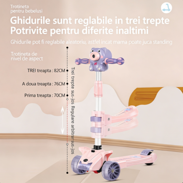 Trotineta copii 3 roti cu scaun, baloane de sapun si muzica, pliabila, reglabila pe inaltime, Albastru/Roz [5]