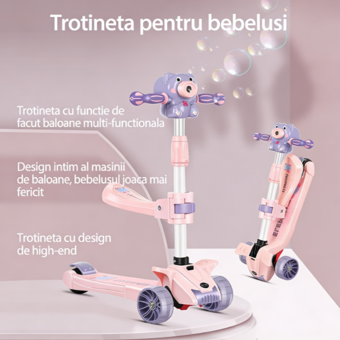 Trotineta copii 3 roti cu scaun, baloane de sapun si muzica, pliabila, reglabila pe inaltime, Albastru/Roz [4]