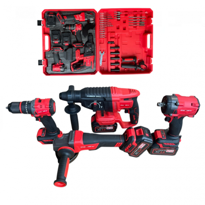 Trusa 4 Piese cu 3 Acumulatori 18V 5Ah, Masina cu Impact + Bormasina + Rotopercutor + Polizor/Flex + 30 Accesorii [1]