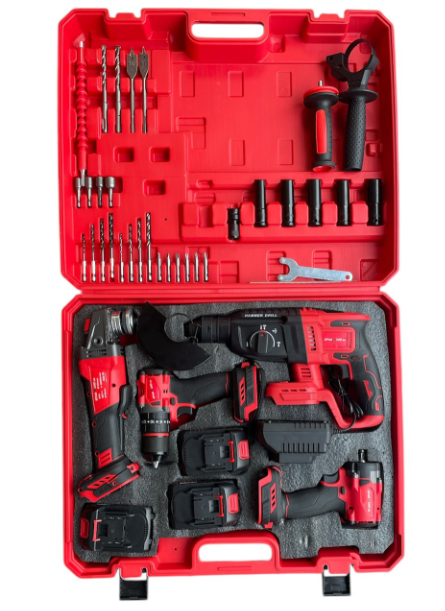 Trusa 4 Piese cu 3 Acumulatori 18V 5Ah, Masina cu Impact + Bormasina + Rotopercutor + Polizor/Flex + 30 Accesorii [4]