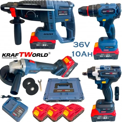 Trusa 4 Scule, Masina cu Impact + Rotopercutor + Polizor/Flex + Bormasina, cu 3 Acumulatori 36V 10AH, KraftWorld [8]
