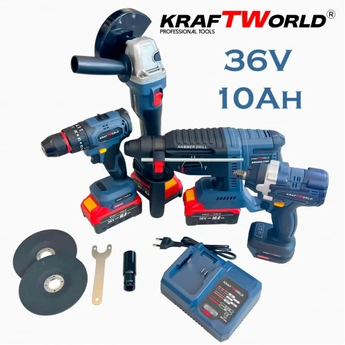 Trusa 4 Scule, Masina cu Impact + Rotopercutor + Polizor/Flex + Bormasina, cu 3 Acumulatori 36V 10AH, KraftWorld [2]