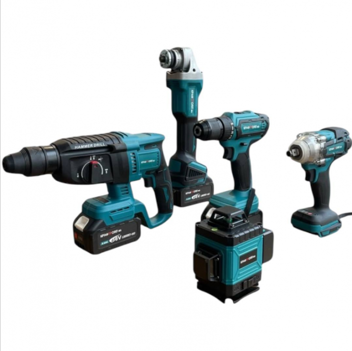 Trusa 5 piese KraftRoyal, Flex + Masina Impact + Rotopercutor + Autofiletanta + Nivela laser, 3 Acumulatori 36V 8AH [2]