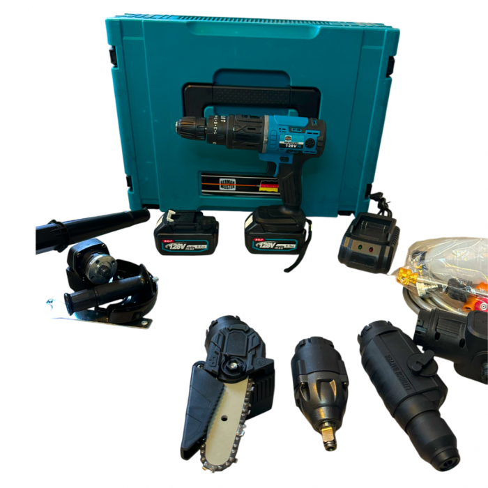 Trusa 8 in 1 German Meister, 128V 8AH cu 2 Acumulatori, Scule Interschimbabile (Bormasina, Masina cu Impact, Rotopercutor, Flex, Fierastrau Sabie, Drujba, Suflanta aer, Aparat Spalat cu Presiune) [3]