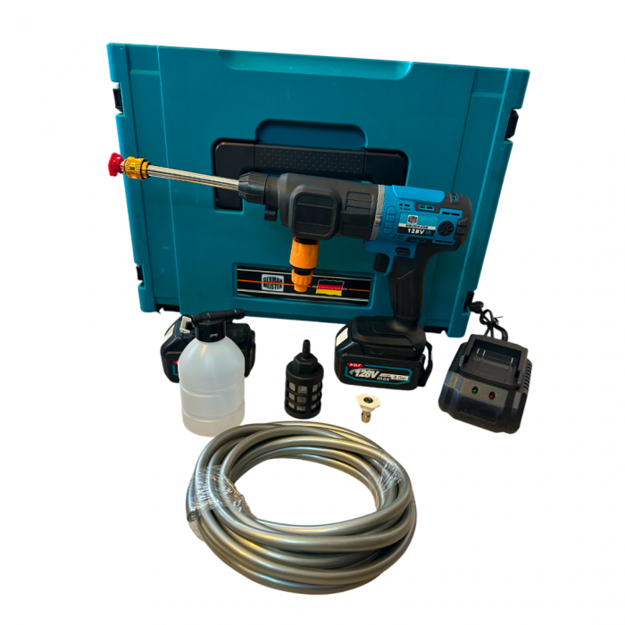 Trusa 8 in 1 German Meister, 128V 8AH cu 2 Acumulatori, Scule Interschimbabile (Bormasina, Masina cu Impact, Rotopercutor, Flex, Fierastrau Sabie, Drujba, Suflanta aer, Aparat Spalat cu Presiune) [10]