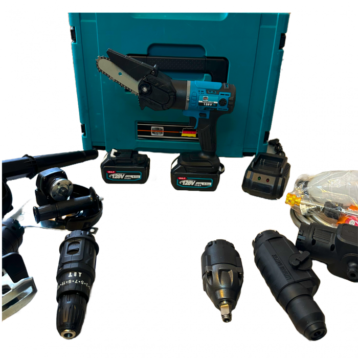Trusa 8 in 1 German Meister, 128V 8AH cu 2 Acumulatori, Scule Interschimbabile (Bormasina, Masina cu Impact, Rotopercutor, Flex, Fierastrau Sabie, Drujba, Suflanta aer, Aparat Spalat cu Presiune) [8]