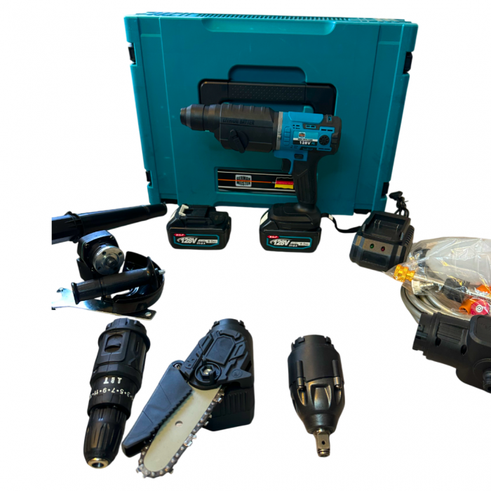 Trusa 8 in 1 German Meister, 128V 8AH cu 2 Acumulatori, Scule Interschimbabile (Bormasina, Masina cu Impact, Rotopercutor, Flex, Fierastrau Sabie, Drujba, Suflanta aer, Aparat Spalat cu Presiune) [6]