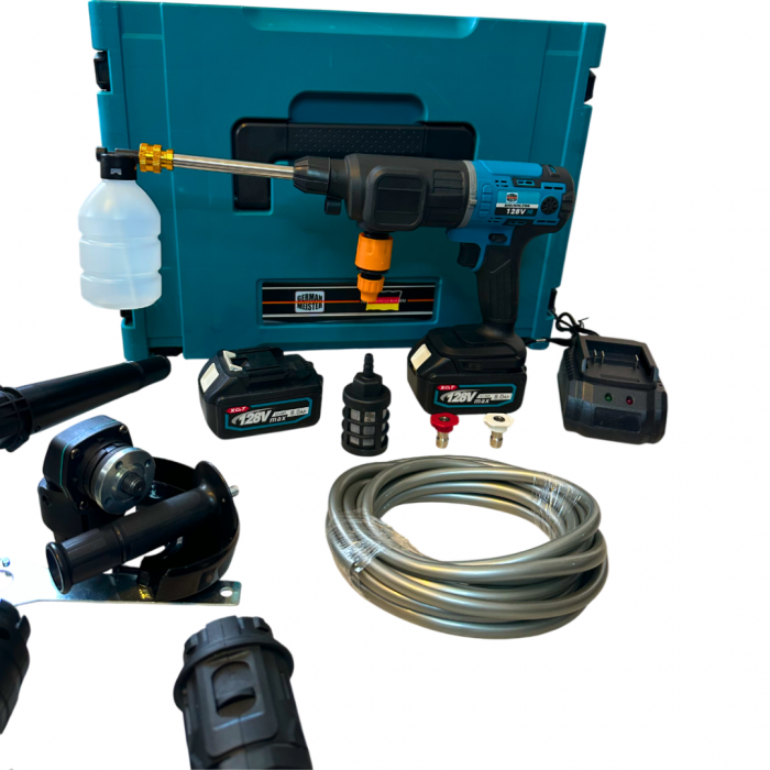 Trusa 8 in 1 German Meister, 128V 8AH cu 2 Acumulatori, Scule Interschimbabile (Bormasina, Masina cu Impact, Rotopercutor, Flex, Fierastrau Sabie, Drujba, Suflanta aer, Aparat Spalat cu Presiune) [11]