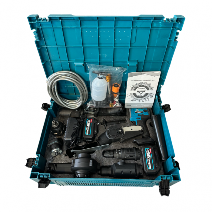 Trusa 8 in 1 German Meister, 128V 8AH cu 2 Acumulatori, Scule Interschimbabile (Bormasina, Masina cu Impact, Rotopercutor, Flex, Fierastrau Sabie, Drujba, Suflanta aer, Aparat Spalat cu Presiune) [13]
