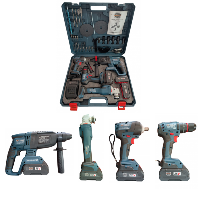 Trusa German Meister 4 Scule + Accesorii: Bormasina, Flex, Pistol Impact, Rotopercutor, cu 2 Acumulatori 36V 8AH [1]