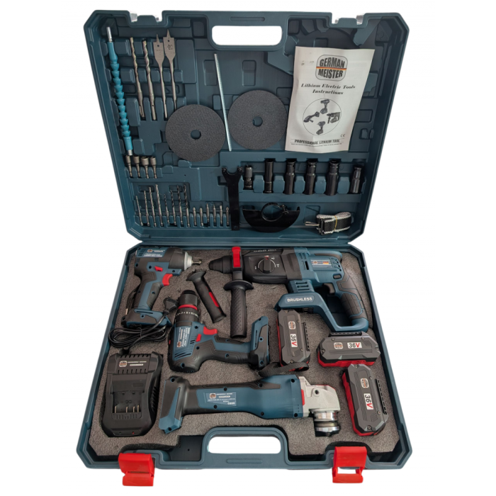 Trusa German Meister 4 Scule + Accesorii: Bormasina, Flex, Pistol Impact, Rotopercutor, cu 2 Acumulatori 36V 8AH [2]