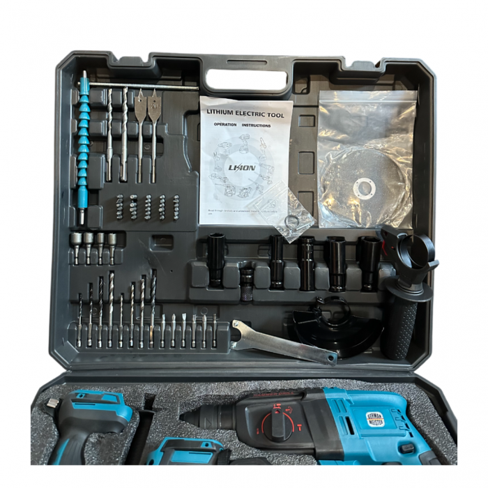 Trusa German Meister Bormasina + Flex + Rotopercutor + Masina cu Impact, 3 Acumulatori 36V 5AH + 60 Accesorii [18]