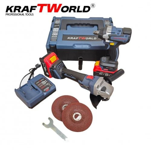 Trusa KraftWorld Masina cu Impact + Polizor Unghiular / Flex, cu 2 Acumulatori 36V 8AH [15]