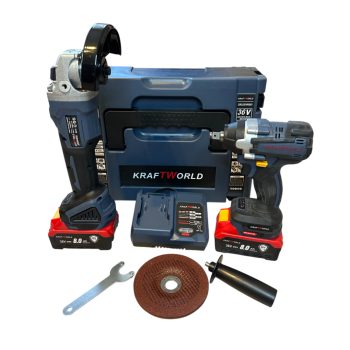 Trusa KraftWorld Masina cu Impact + Polizor Unghiular / Flex, cu 2 Acumulatori 36V 8AH [1]