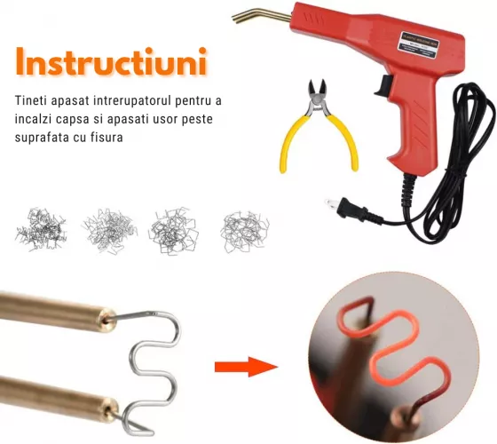 Trusa pistol profesional pentru lipit/sudat plastic, kit reparare fisuri din plastic, polipropilena, 200 capse de intarire, putere 50W [6]