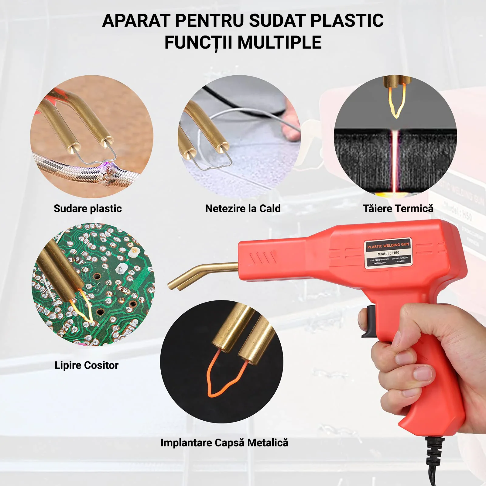 Trusa pistol profesional pentru lipit/sudat plastic, kit reparare fisuri din plastic, polipropilena, 200 capse de intarire, putere 50W [13]