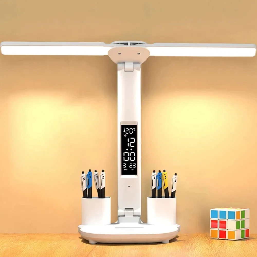 Veioza LED cu 2 Capete Reglabile, Touch Switch, Incarcare USB, Data si Temperatura, Suport pixuri, de birou [2]