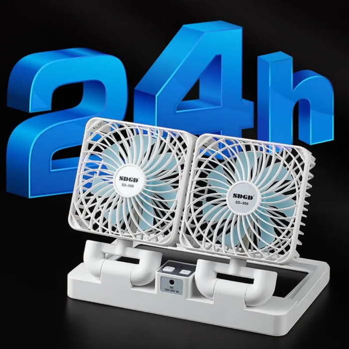 Ventilator Portabil Dublu, cu Panou si Incarcare Solara, USB, Alb [3]