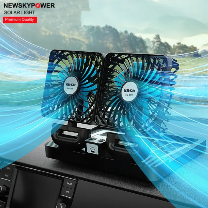 Ventilator Portabil Dublu, cu Panou si Incarcare Solara, USB, Alb [5]