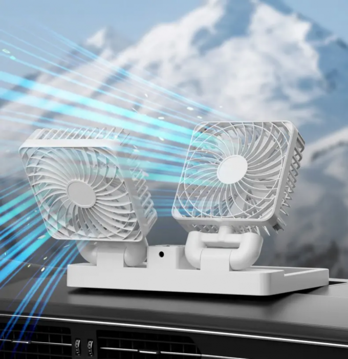 Ventilator Portabil Dublu, cu Panou si Incarcare Solara, USB, Alb [2]
