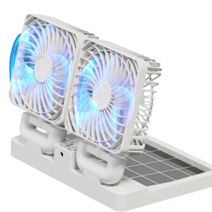 Ventilator Portabil Dublu, cu Panou si Incarcare Solara, USB, Alb [1]