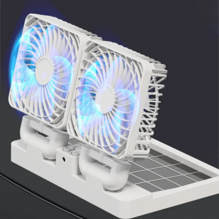 Ventilator Portabil Dublu, cu Panou si Incarcare Solara, USB, Alb [6]