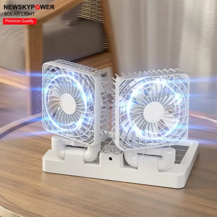 Ventilator Portabil Dublu, cu Panou si Incarcare Solara, USB, Alb [4]