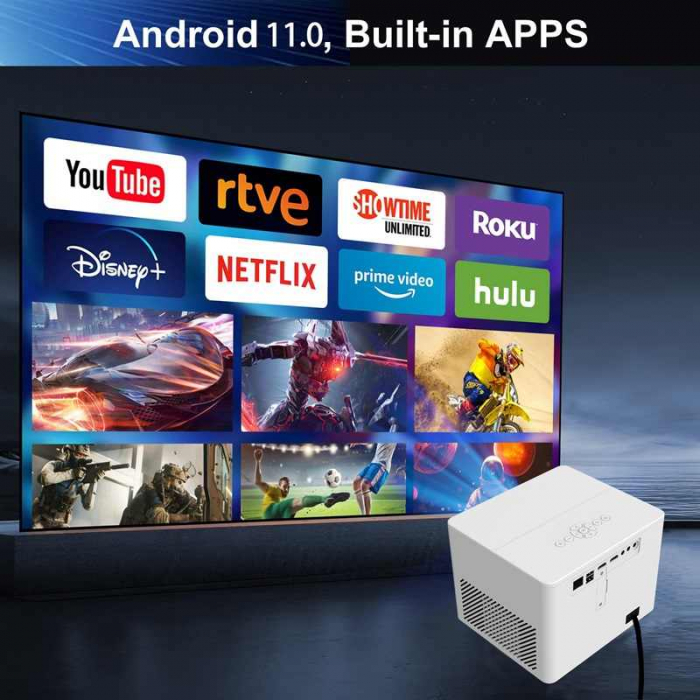 Videoproiector LED Full HD 1080p, 500 ANSI lumeni, Android 11, portabil, 1kg, distanta proiectie 1-6 metri, contrast 3000:1, boxa integrata, proiectie filme [4]