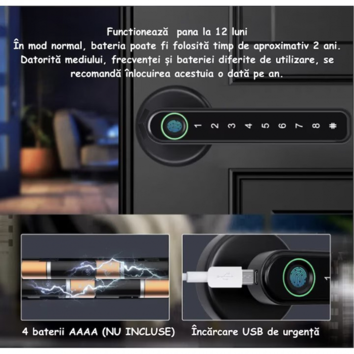 Yala Incuietoare Digitala Smart, Pentru Casa, Apartament, Hotel, Inteligenta, Deblocare Amprenta, Cod PIN, Cheie, Negru [3]