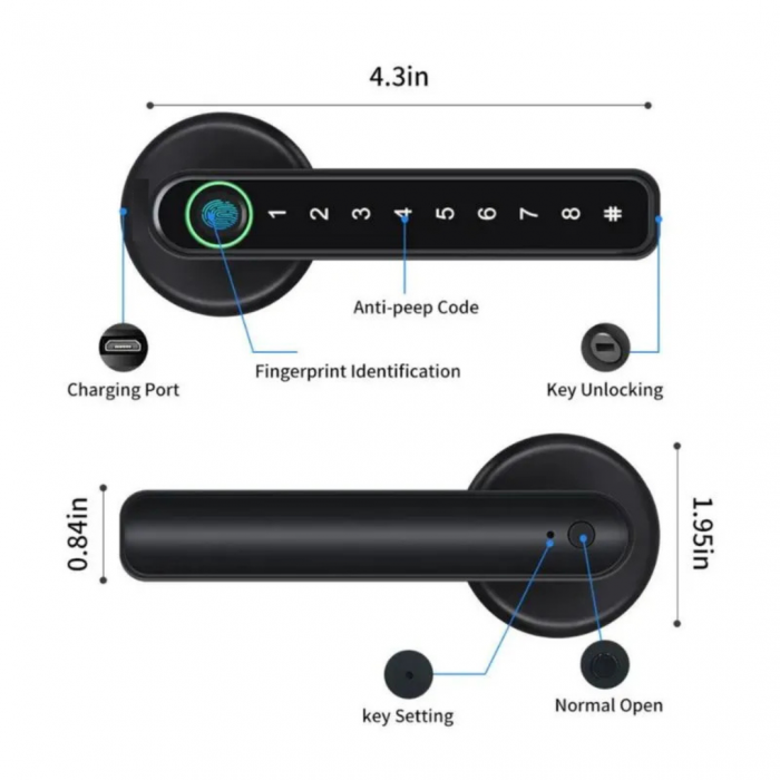 Yala Incuietoare Digitala Smart, Pentru Casa, Apartament, Hotel, Inteligenta, Deblocare Amprenta, Cod PIN, Cheie, Negru [8]