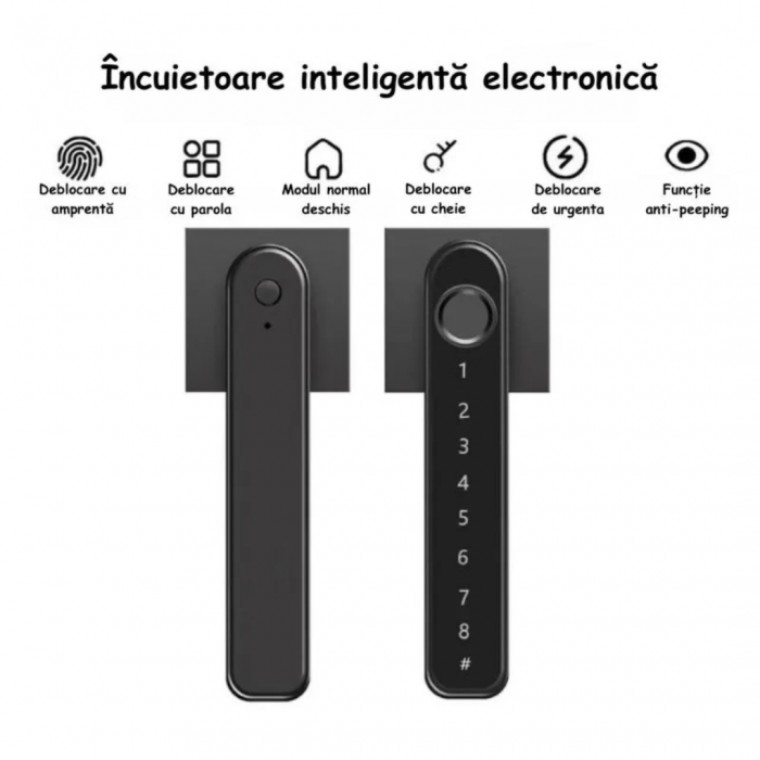 Yala Incuietoare Digitala Smart, Pentru Casa, Apartament, Hotel, Inteligenta, Deblocare Amprenta, Cod PIN, Cheie, Negru [2]