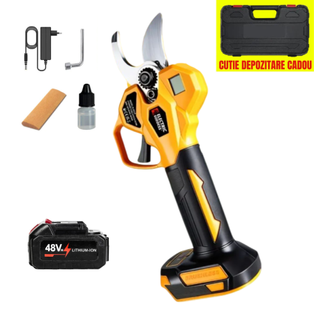 TOATE PRODUSELE - Foarfeca Electrica de Gradina 48V pentru Taiat Crengi, Vie, cu 1/2 Acumulatori, 2 Trepte de Taiere, Profesionala