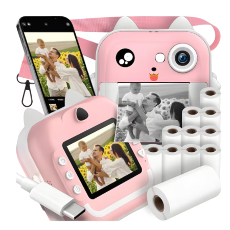 CADOURI FETE - Aparat Foto Digital cu Imprimare Termica pentru copii, display color de 2,4 inch, 1080P Full HD