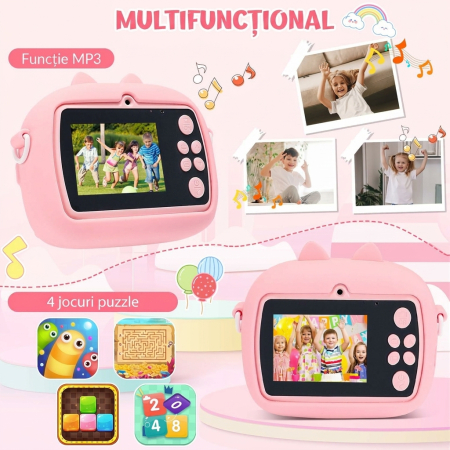 Aparat Foto Instant pentru Copii, Display Color, Imprimare Termica, 2 Camere, Full HD 1080p, 3 Role Hartie, Roz/Mov [4]