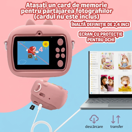 Aparat Foto Instant pentru Copii, Display Color, Imprimare Termica, 2 Camere, Full HD 1080p, 3 Role Hartie, Roz/Mov [6]