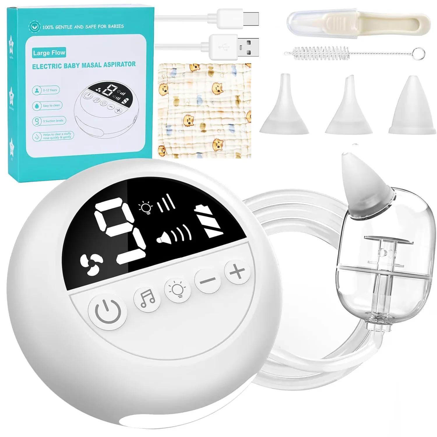 Aspirator nazal electric pentru bebelusi si copii, 9 niveluri de aspiratie reglabile, lumina de noapte cu muzica linistitoare, Incarcare USB, Display LED [0]