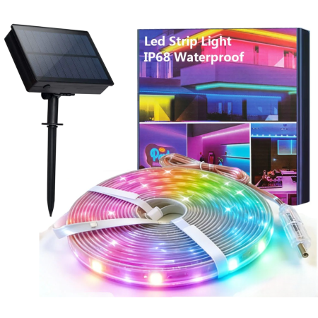 LAMPI SOLARE - Banda LED RGB Solara de Exterior, Lungime 5 metri, IP67, Iluminare Decorativa Gradina si Terasa