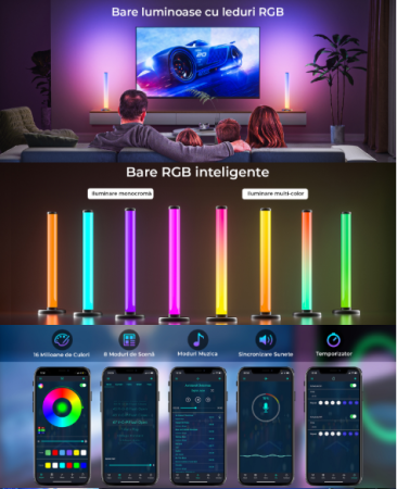 Bare Luminoase Smart cu Leduri RGB 360°, lumina ambientala, Telecomanda, Bluetooth, jocuri de lumini, sincronizare sunete, Multicolor [1]