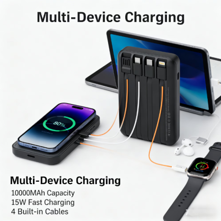 Baterie Externa MagSafe 20000mAh, Incarcare Wireless 15W, 2 in 1 cu Cabluri Lightning, Type-C, Micro Usb, Incarcare Rapida [3]