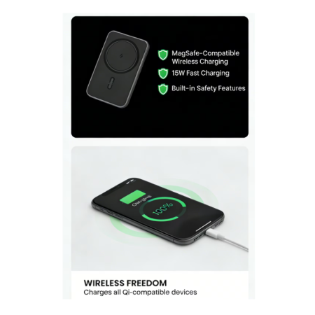 Baterie Externa MagSafe 20000mAh, Incarcare Wireless 15W, 2 in 1 cu Cabluri Lightning, Type-C, Micro Usb, Incarcare Rapida [4]