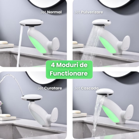 Baterie Lavoar Cu Lumini LED, Cap Extensibil 60 Cm, 4 Moduri De Jet Apa, Alb/Crom [2]