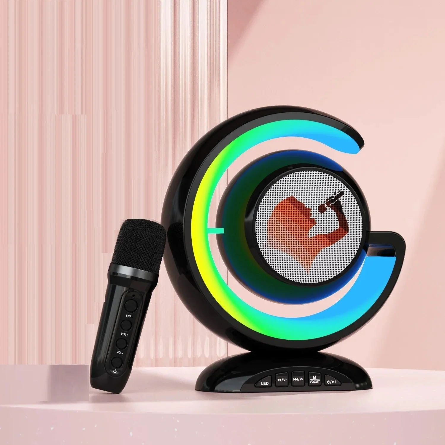 Boxa Portabila Karaoke All-in-One, cu Boxa Bluetooth, 1 Microfon, Iluminare RGB Led, Slot Card, Conectare la Telefon