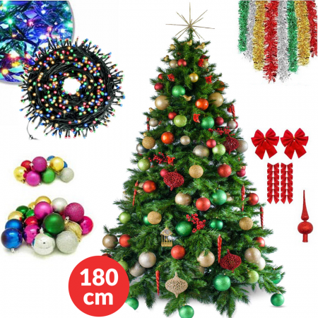 DECORATIUNI CRACIUN - Brad Artificial de Craciun 180 Cm, Impodobit Complet, Globuri + Beteala, Instalatie + Accesorii