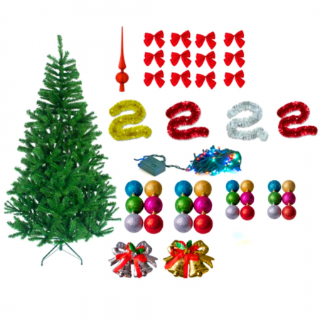 DECORATIUNI CRACIUN - Brad de Craciun Impodobit 180cm + Set complet cu 24 globuri, 4 betele, Instalatie Led colorata + Alte Accesorii