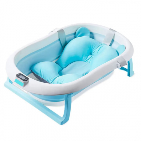 TOATE PRODUSELE - Cadita pliabila pentru bebelusi Premium cu suport pernuta, termometru electronic Incorporat, anatomica, picioruse antiderapante, dop scurgere, agatatoare, Marime 80x50x20, Roz/Albastru