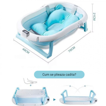 Cadita pliabila pentru bebelusi Premium cu suport pernuta, termometru electronic Incorporat, anatomica, picioruse antiderapante, dop scurgere, agatatoare, Marime 80x50x20, Roz/Albastru [5]