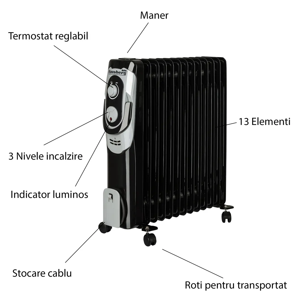 Calorifer Electric cu 13 elementi, 2500 W, 3 trepte de putere, Termostat reglabil, Protectie supra-incalzire, Protectie anti-rasturnare, Indicator luminos, Hausberg HB-8913 [2]