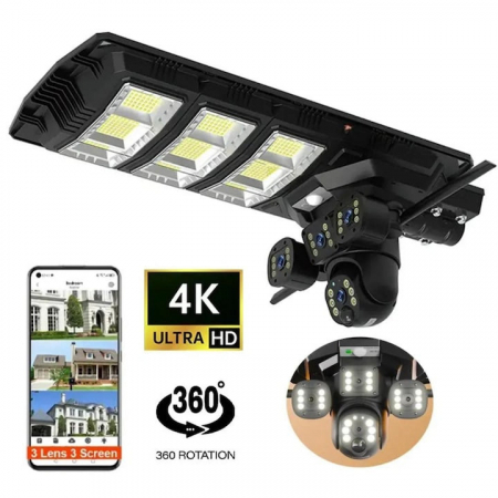 TOATE PRODUSELE - Camera 4G cu Lampa Solara 450W Stradala LED, 2 in 1, Camera De Supraveghere 360, 9 MP, Night Vision, Rotativa