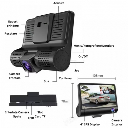 Camera Auto Tripla, Full-HD, 3 camere fata/spate/interior, ecran 4 inch, G Senzor [3]